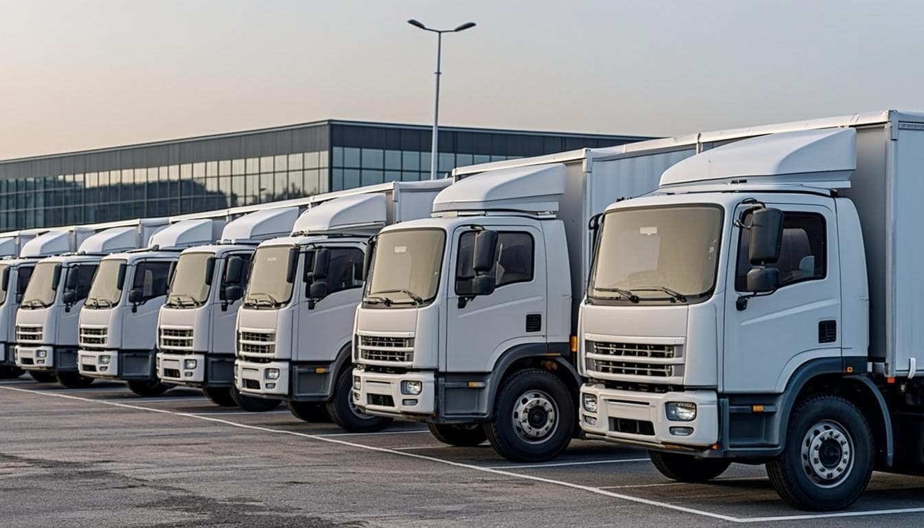 Fleet of RecoveryHub tow trucks lined up in daylight